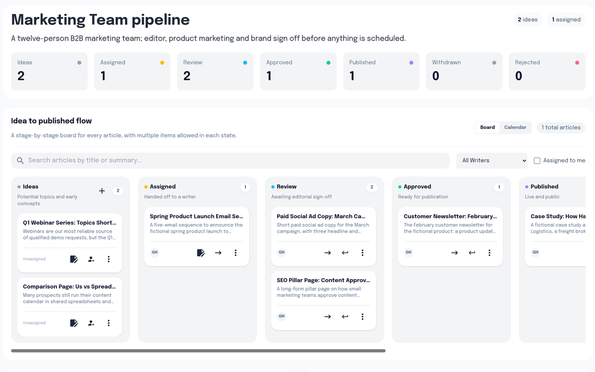 Narranta editorial workflow for a marketing team